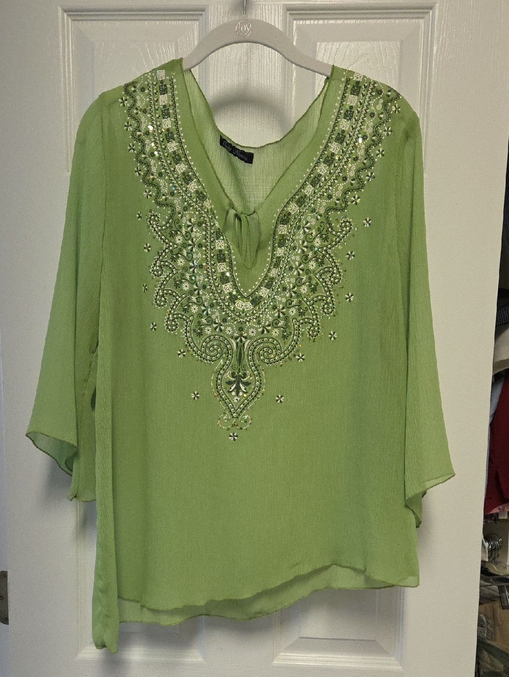 Embellished Light Green V-Neck Tunic Top with Tie